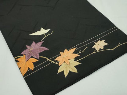 平和屋本店■極上　アンティーク　大正ロマン　九寸名古屋帯　総手刺繍　休み鳥　楓　黒地　金糸　逸品　CZAA1990s5