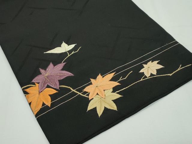 平和屋本店■極上　アンティーク　大正ロマン　九寸名古屋帯　総手刺繍　休み鳥　楓　黒地　金糸　逸品　CZAA1990s5