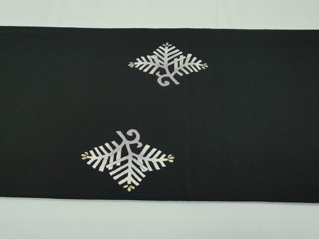 平和屋本店■極上　両面　太鼓柄袋帯　総刺繍　菱松葉　黒地　金銀糸　反端付き　逸品　CZAA1994s5