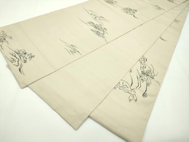 平和屋本店■極上　西陣　勝山織物謹製　六通柄袋帯　紬地　鳥獣戯画　逸品　CZAA1999s5