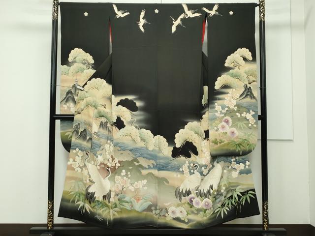 平和屋本店■極上　アンティーク　大正ロマン　振袖　相良刺繍　松竹梅飛鶴文　暈し染め　黒地　逸品　CZAA2043s5