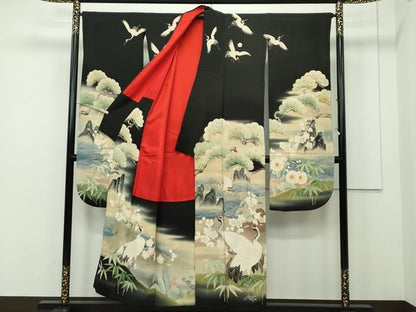 平和屋本店■極上　アンティーク　大正ロマン　振袖　相良刺繍　松竹梅飛鶴文　暈し染め　黒地　逸品　CZAA2043s5