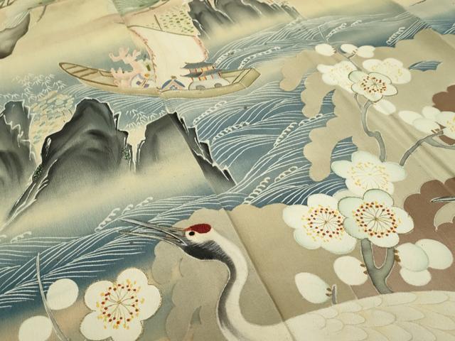平和屋本店■極上　アンティーク　大正ロマン　振袖　相良刺繍　松竹梅飛鶴文　暈し染め　黒地　逸品　CZAA2043s5
