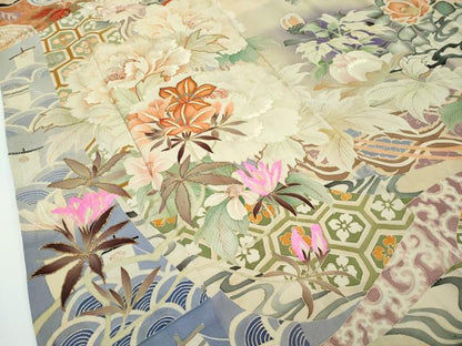 平和屋本店■極上　アンティーク　大正ロマン　振袖・掛下付き　相良刺繍　駒刺繍　草花文　暈し染め　逸品　CZAA2047s5
