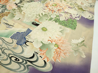平和屋本店■極上　アンティーク　大正ロマン　振袖・掛下付き　相良刺繍　駒刺繍　草花文　暈し染め　逸品　CZAA2047s5