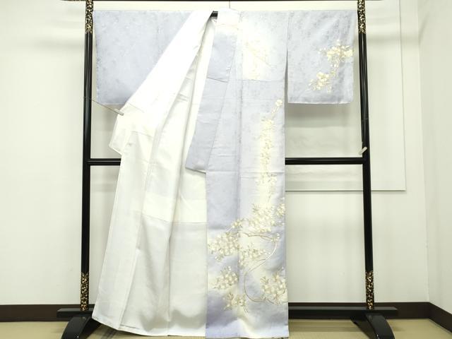 平和屋本店■極上　訪問着　総手刺繍　相良刺繍　枝桜　暈し染め　金糸　白藤色地　反端付き　逸品　未使用　CZAA2071s5