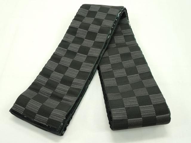 平和屋本店●極上 男性 両面 角帯 魚 市松文様 黒地 銀糸 逸品 CZAA2095s5