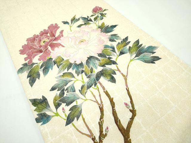 平和屋本店●極上 手描き友禅作家 腰原淳策 太鼓柄袋帯 刺繍 枝牡丹 金糸 逸品 CZAA2133s5