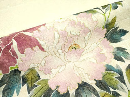 平和屋本店●極上 手描き友禅作家 腰原淳策 太鼓柄袋帯 刺繍 枝牡丹 金糸 逸品 CZAA2133s5