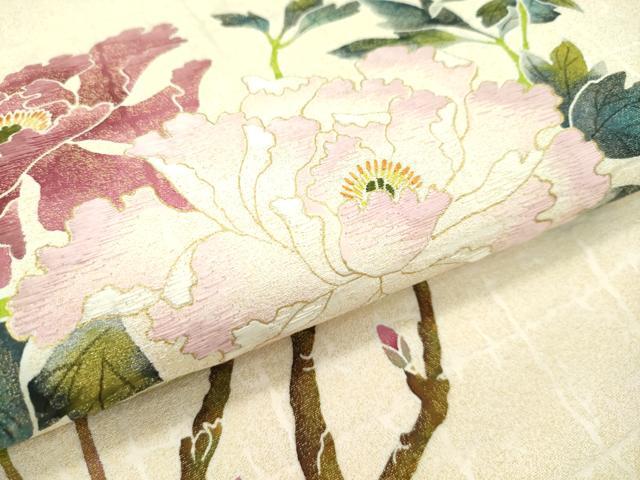 平和屋本店●極上 手描き友禅作家 腰原淳策 太鼓柄袋帯 刺繍 枝牡丹 金糸 逸品 CZAA2133s5