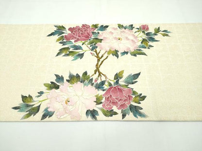 平和屋本店●極上 手描き友禅作家 腰原淳策 太鼓柄袋帯 刺繍 枝牡丹 金糸 逸品 CZAA2133s5