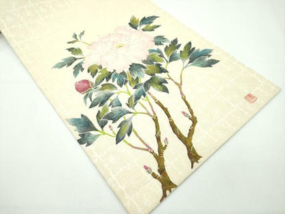 平和屋本店●極上 手描き友禅作家 腰原淳策 太鼓柄袋帯 刺繍 枝牡丹 金糸 逸品 CZAA2133s5