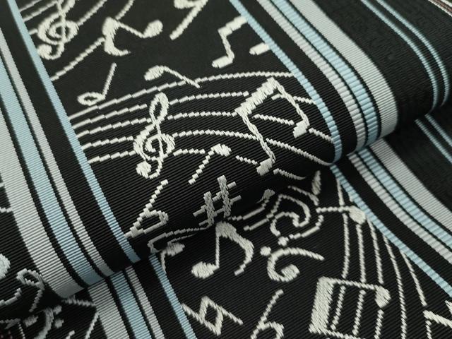 平和屋本店■極上　博多織人　黒木織物　本場筑前博多帯　八寸名古屋帯　音符　間道　黒地　逸品　CZAA2139s5