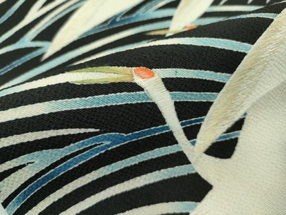 平和屋本店■極上　東京友禅　熊谷好博子　九寸名古屋帯　刺繍　立波飛鶴文　黒地　鬼しぼ縮緬　逸品　CZAA2148s5