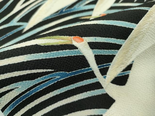 平和屋本店■極上　東京友禅　熊谷好博子　九寸名古屋帯　刺繍　立波飛鶴文　黒地　鬼しぼ縮緬　逸品　CZAA2148s5