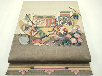 平和屋本店●極上 手織綴れ 山鹿清華 太鼓柄袋帯 埃及人物華鳥 金糸 逸品 CZAA2158s5