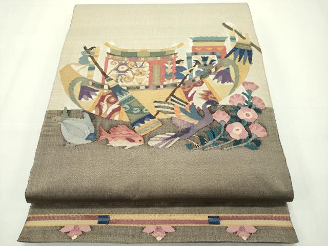 平和屋本店●極上 手織綴れ 山鹿清華 太鼓柄袋帯 埃及人物華鳥 金糸 逸品 CZAA2158s5