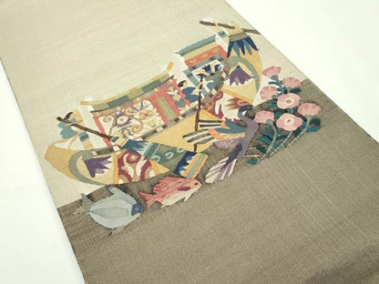 平和屋本店●極上 手織綴れ 山鹿清華 太鼓柄袋帯 埃及人物華鳥 金糸 逸品 CZAA2158s5