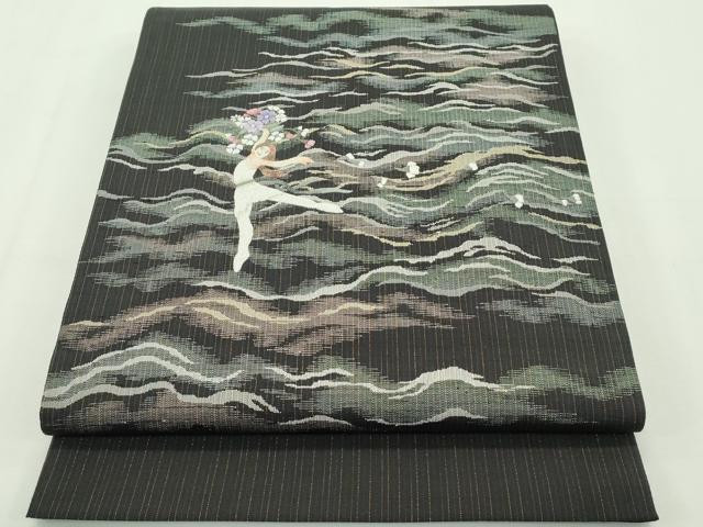 平和屋本店●極上 中国人間国宝 将雪英 太鼓柄袋帯 相良刺繍 バレリーナ 黒地 逸品 未使用 CZAA2159s5