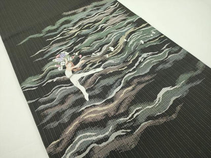 平和屋本店●極上 中国人間国宝 将雪英 太鼓柄袋帯 相良刺繍 バレリーナ 黒地 逸品 未使用 CZAA2159s5