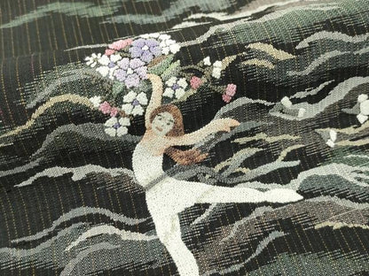 平和屋本店●極上 中国人間国宝 将雪英 太鼓柄袋帯 相良刺繍 バレリーナ 黒地 逸品 未使用 CZAA2159s5