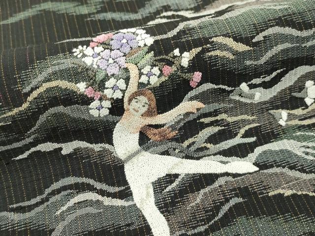 平和屋本店●極上 中国人間国宝 将雪英 太鼓柄袋帯 相良刺繍 バレリーナ 黒地 逸品 未使用 CZAA2159s5