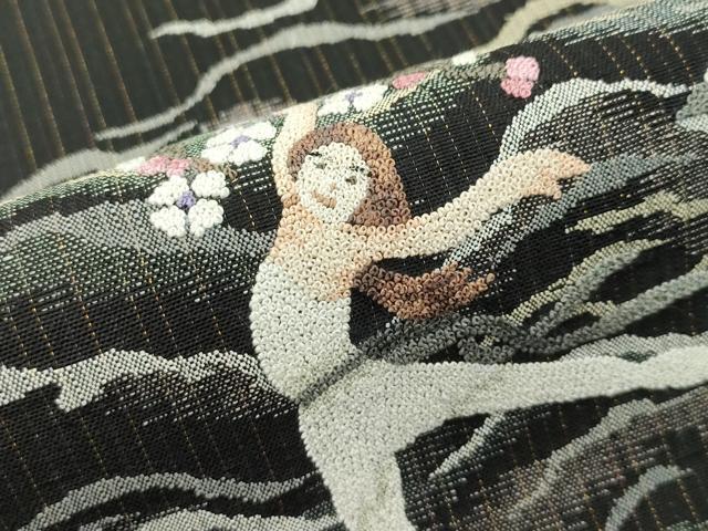 平和屋本店●極上 中国人間国宝 将雪英 太鼓柄袋帯 相良刺繍 バレリーナ 黒地 逸品 未使用 CZAA2159s5