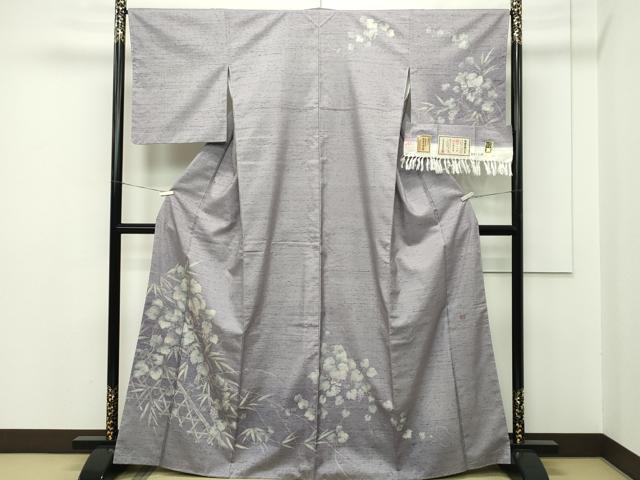 平和屋本店●極上 石川県指定無形文化財 牛首紬 白山工房 手織り 訪問着 作家物 刺繍 葡萄蔦の葉文 証紙付き 逸品 未使用 CZAA2168s5
