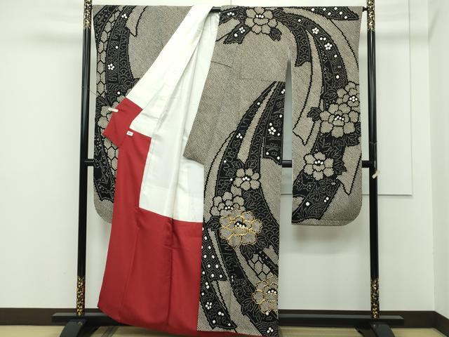 平和屋本店●極上 振袖・袋帯セット 総絞り 駒刺繍 束ね熨斗牡丹文 黒地 逸品 CZAA2181s5