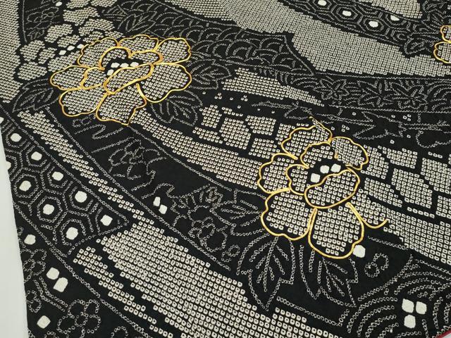 平和屋本店●極上 振袖・袋帯セット 総絞り 駒刺繍 束ね熨斗牡丹文 黒地 逸品 CZAA2181s5