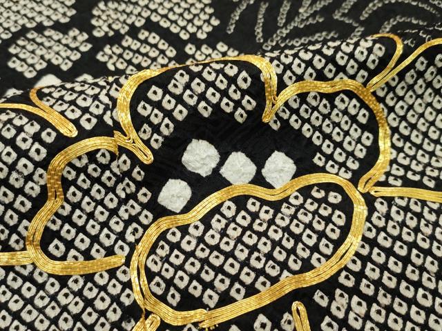 平和屋本店●極上 振袖・袋帯セット 総絞り 駒刺繍 束ね熨斗牡丹文 黒地 逸品 CZAA2181s5
