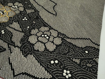平和屋本店●極上 振袖・袋帯セット 総絞り 駒刺繍 束ね熨斗牡丹文 黒地 逸品 CZAA2181s5