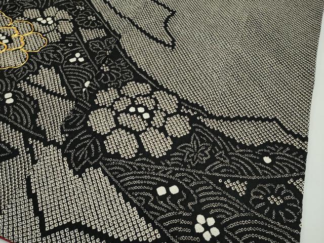 平和屋本店●極上 振袖・袋帯セット 総絞り 駒刺繍 束ね熨斗牡丹文 黒地 逸品 CZAA2181s5