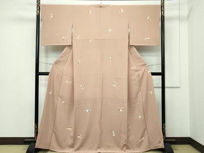 平和屋本店●極上 小紋 手描き 猫 深支子色地 逸品 未使用 CZAA2200s5