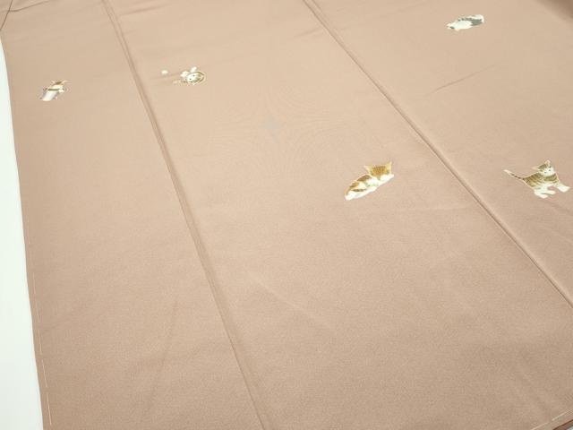 平和屋本店●極上 小紋 手描き 猫 深支子色地 逸品 未使用 CZAA2200s5