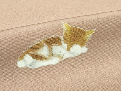 平和屋本店●極上 小紋 手描き 猫 深支子色地 逸品 未使用 CZAA2200s5