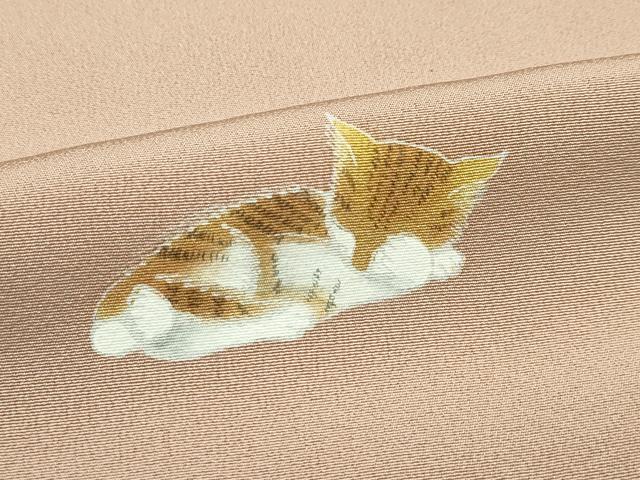 平和屋本店●極上 小紋 手描き 猫 深支子色地 逸品 未使用 CZAA2200s5