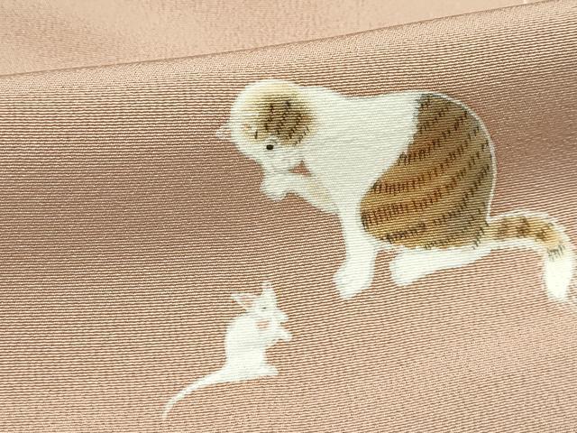 平和屋本店●極上 小紋 手描き 猫 深支子色地 逸品 未使用 CZAA2200s5