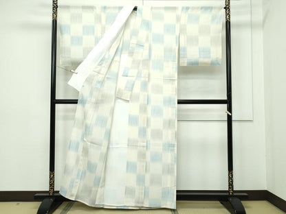 平和屋本店＊極上 夏物 結城紬 夏結城 奥順謹製 はたおり娘 タテ絣 市松文様 中川きよ子作 証紙・証明書付き 逸品 未使用 CZAA2208s5