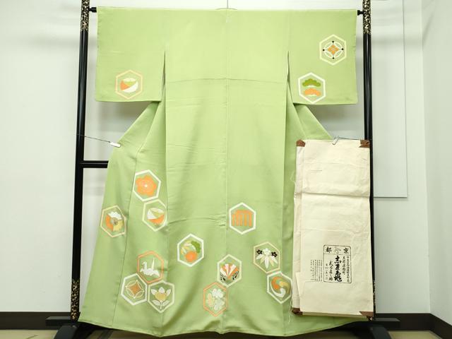 平和屋本店■極上　銀座　志ま亀　訪問着　亀甲吉祥花文　金彩　抹茶色地　たとう紙付き　逸品　CZAA2211s5