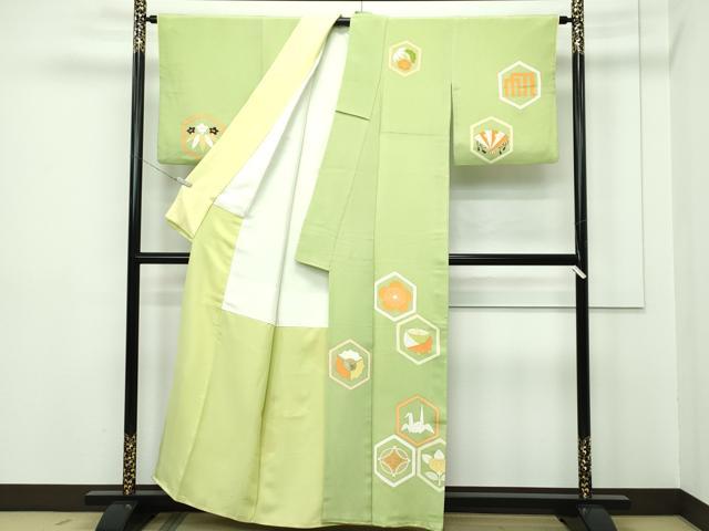 平和屋本店■極上　銀座　志ま亀　訪問着　亀甲吉祥花文　金彩　抹茶色地　たとう紙付き　逸品　CZAA2211s5