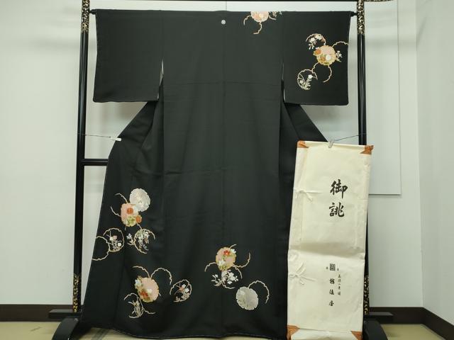 平和屋本店●極上 銀座 越後屋 訪問着 刺繍 雪輪草花文 黒地 金彩 伊と幸 反端・たとう紙付き 逸品 CZAA2213s5