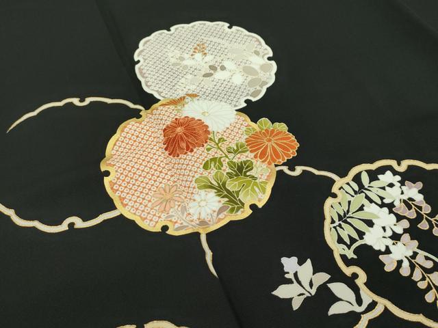 平和屋本店●極上 銀座 越後屋 訪問着 刺繍 雪輪草花文 黒地 金彩 伊と幸 反端・たとう紙付き 逸品 CZAA2213s5