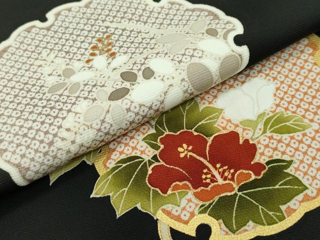 平和屋本店●極上 銀座 越後屋 訪問着 刺繍 雪輪草花文 黒地 金彩 伊と幸 反端・たとう紙付き 逸品 CZAA2213s5
