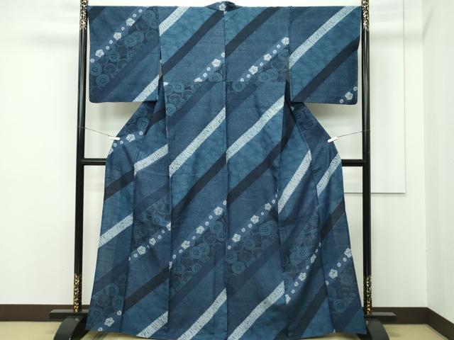 平和屋本店▽極上 伝統工芸士 七代目 吉澤与市 紬 単衣 絞り 斜線花文 藍 逸品 CZAA2228s5