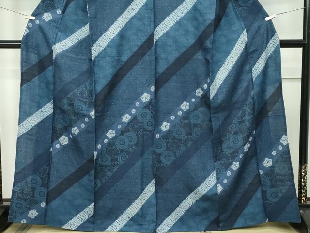 平和屋本店▽極上 伝統工芸士 七代目 吉澤与市 紬 単衣 絞り 斜線花文 藍 逸品 CZAA2228s5