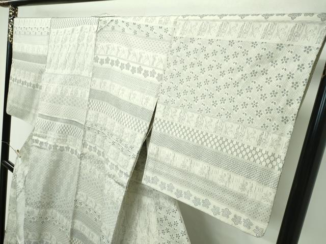 平和屋本店▽極上 お召 単衣 鳥獣戯画 白橡色地 やまと誂製 逸品 CZAA2233s5