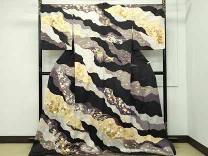 平和屋本店●極上 訪問着 駒刺繍 道長草花文 金彩 紫黒色地 逸品 CZAA2243s5