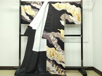 平和屋本店●極上 訪問着 駒刺繍 道長草花文 金彩 紫黒色地 逸品 CZAA2243s5