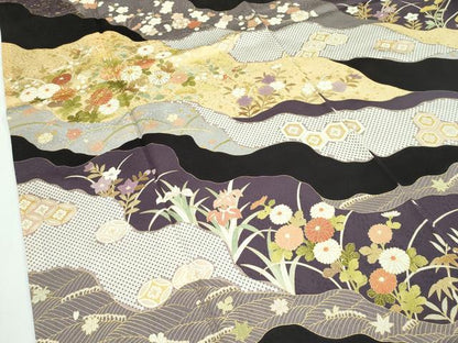 平和屋本店●極上 訪問着 駒刺繍 道長草花文 金彩 紫黒色地 逸品 CZAA2243s5